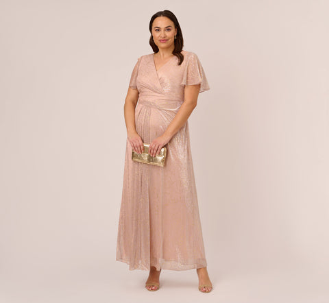 Plus Size Metallic Mesh Draped Gown In Rose Gold