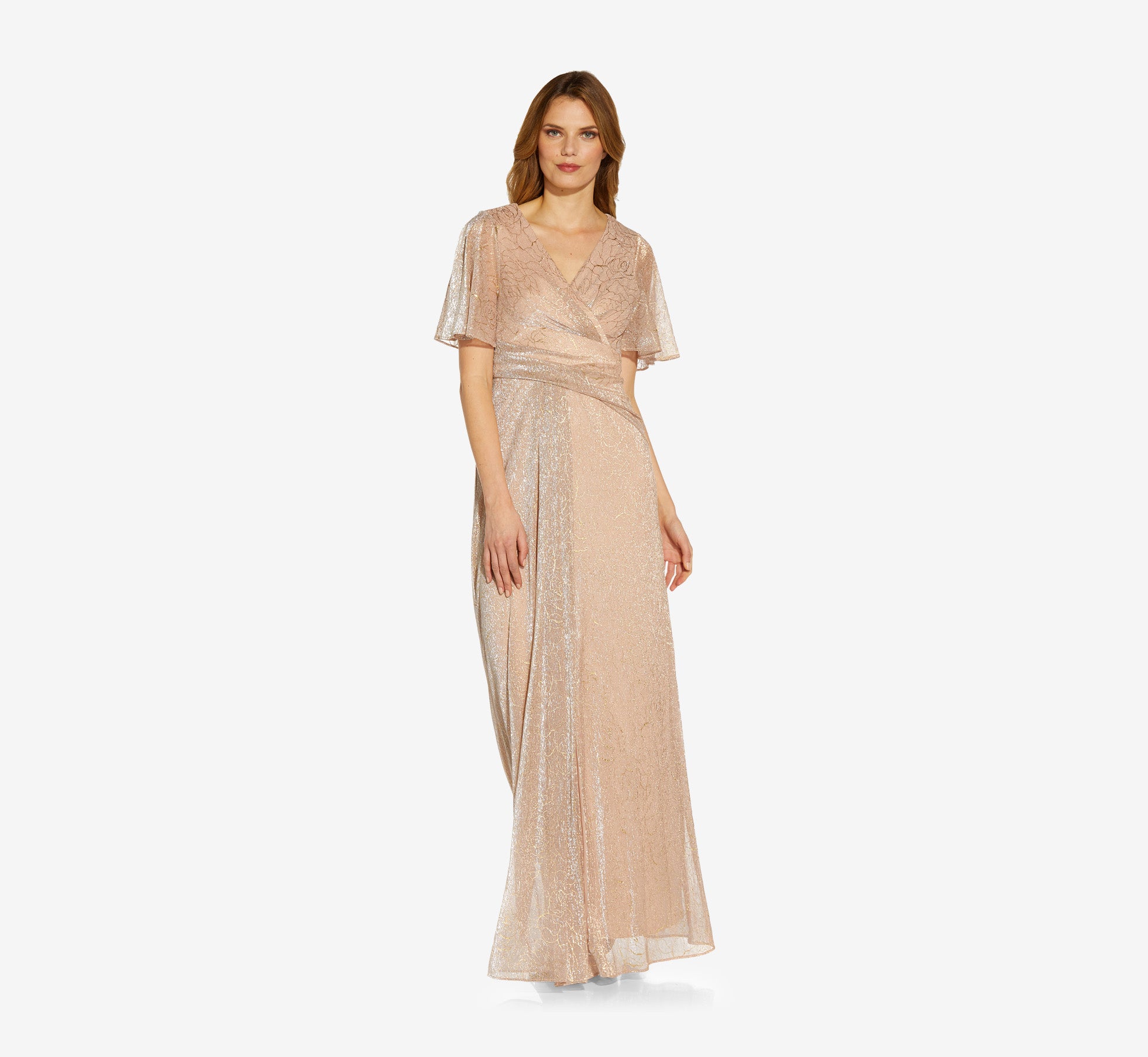 Metallic Mesh Draped Gown In Rose Gold Adrianna Papell