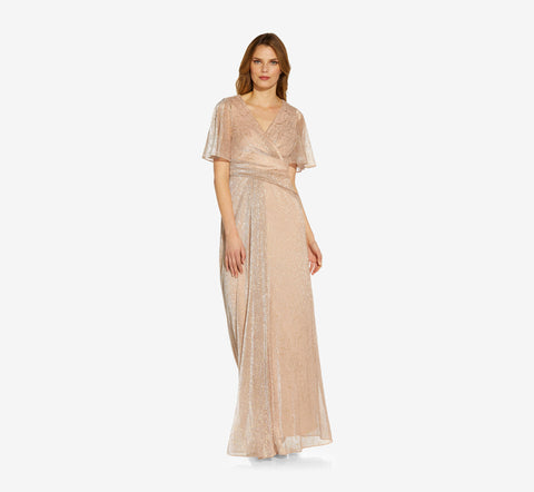 Metallic Mesh Draped Gown In Rose Gold