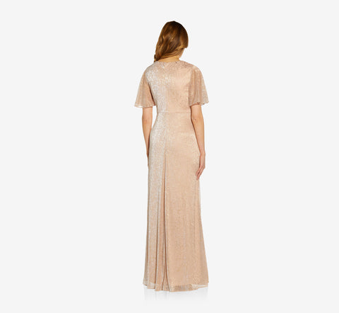 Metallic Mesh Draped Gown In Rose Gold