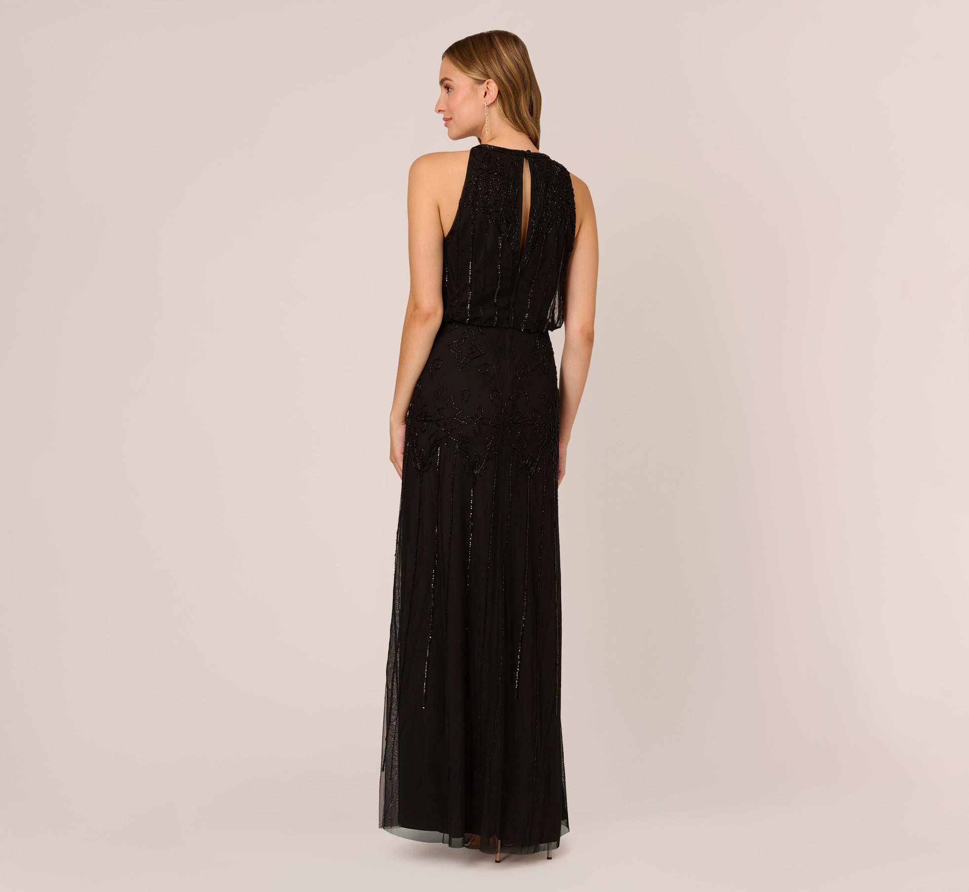 Halter Hand Beaded Blouson Gown With Keyhole Back In Black