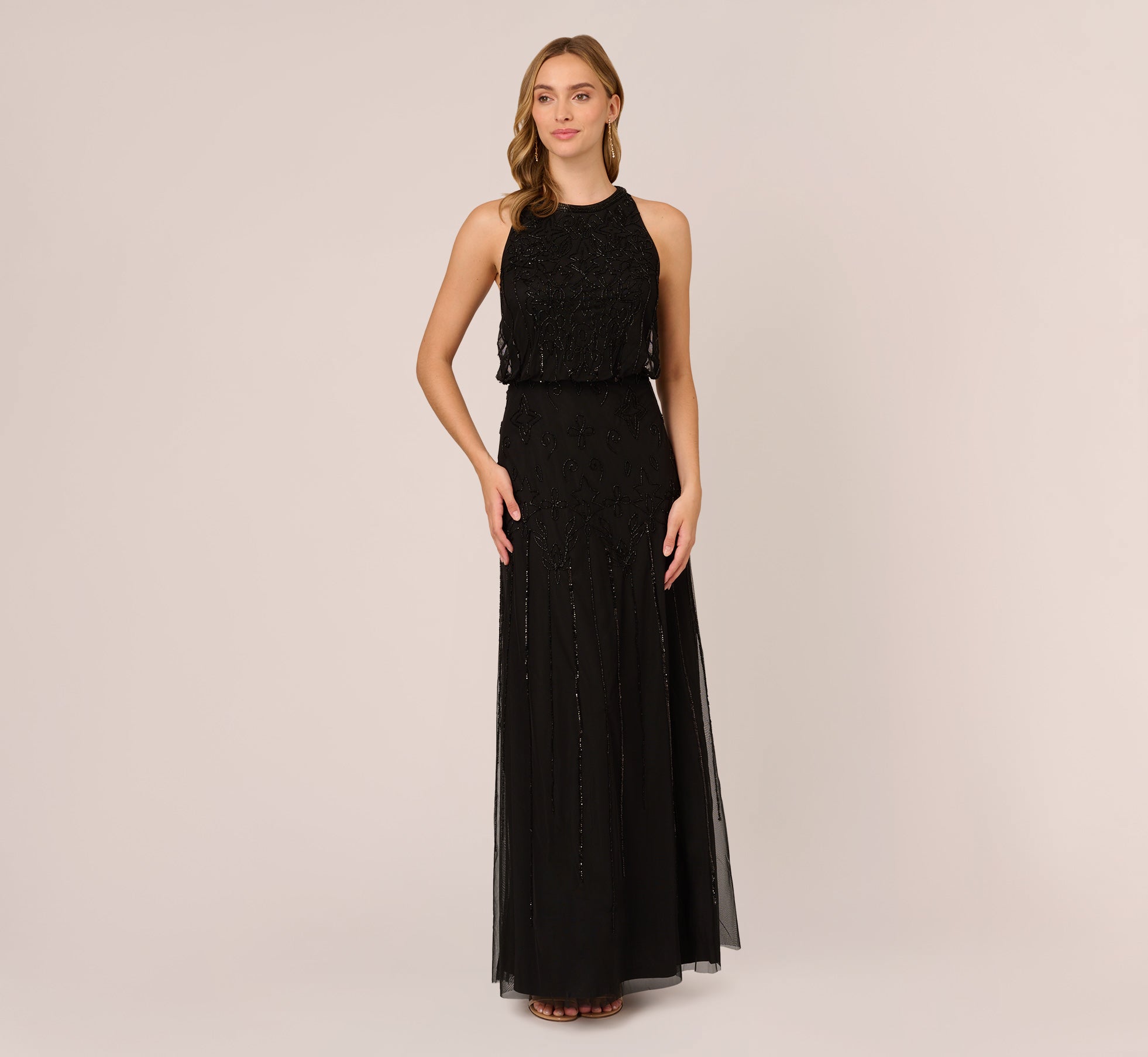 Halter Hand Beaded Blouson Gown With Keyhole Back In Black