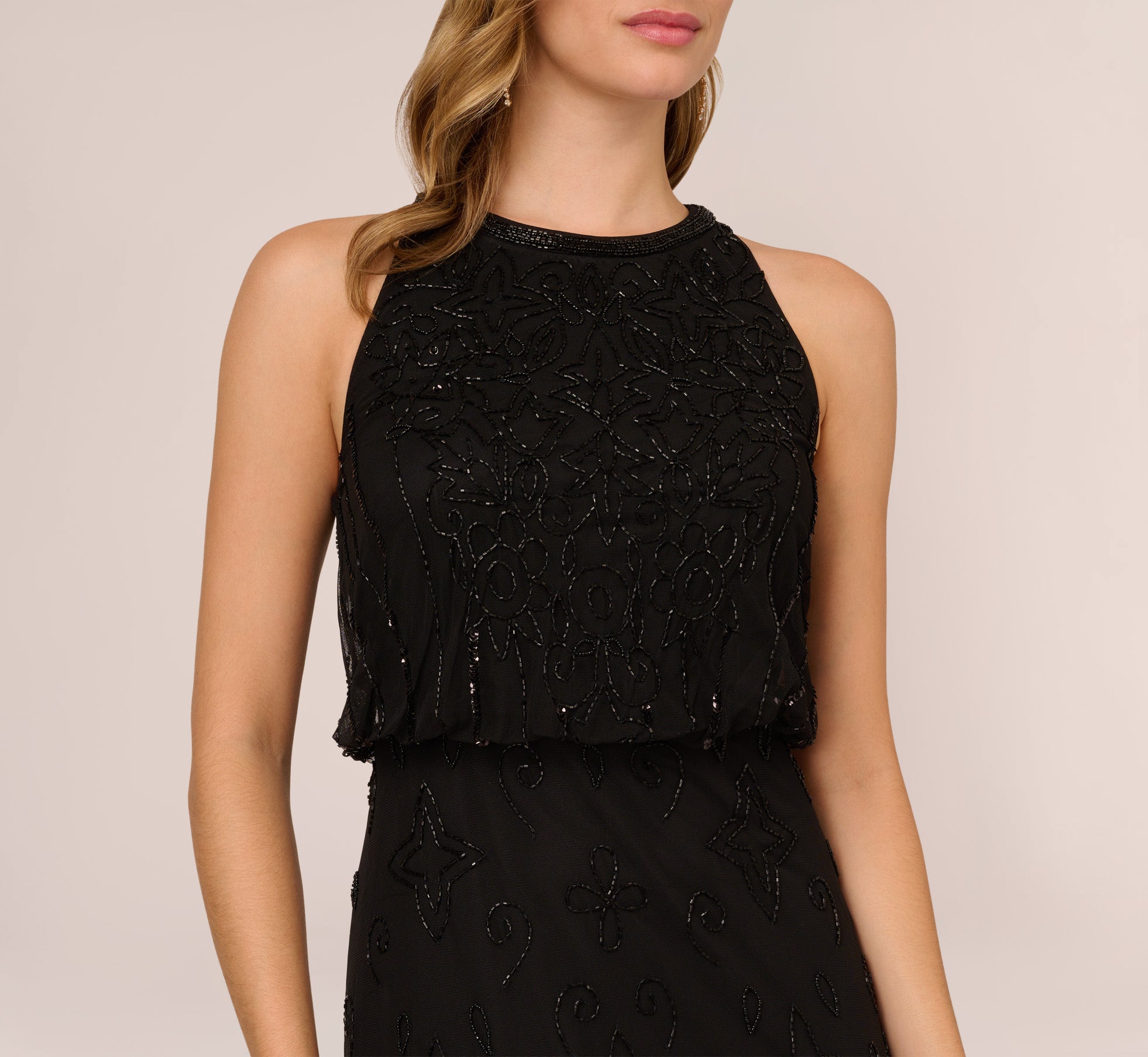 Halter Hand Beaded Blouson Gown With Keyhole Back In Black