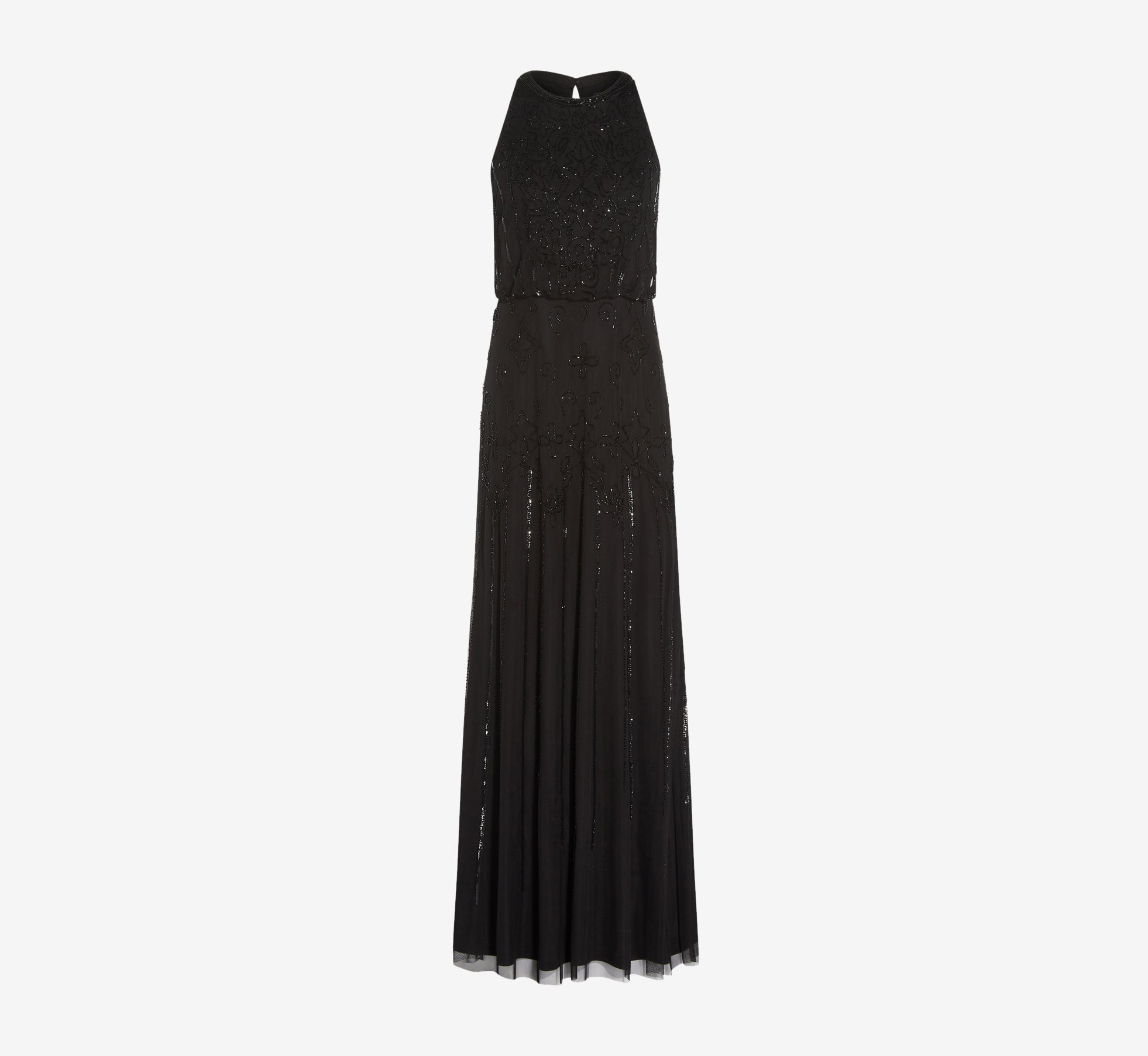 Halter Hand Beaded Blouson Gown With Keyhole Back In Black