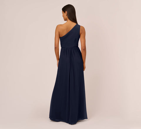 One-Shoulder Chiffon Long Gown In Midnight