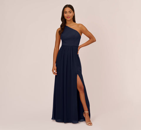 One-Shoulder Chiffon Long Gown In Midnight