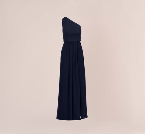 One-Shoulder Chiffon Long Gown In Midnight