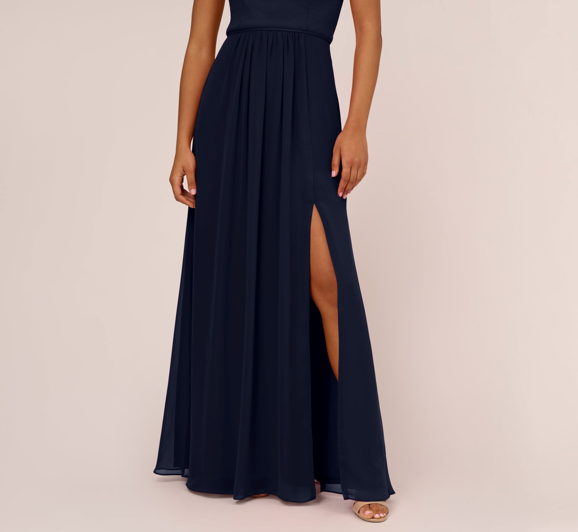 One-Shoulder Chiffon Long Gown In Midnight | Adrianna Papell
