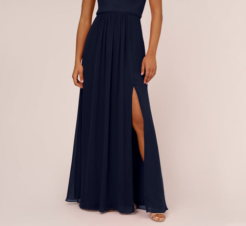 One-Shoulder Chiffon Long Gown In Midnight