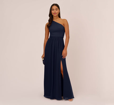 One-Shoulder Chiffon Long Gown In Midnight