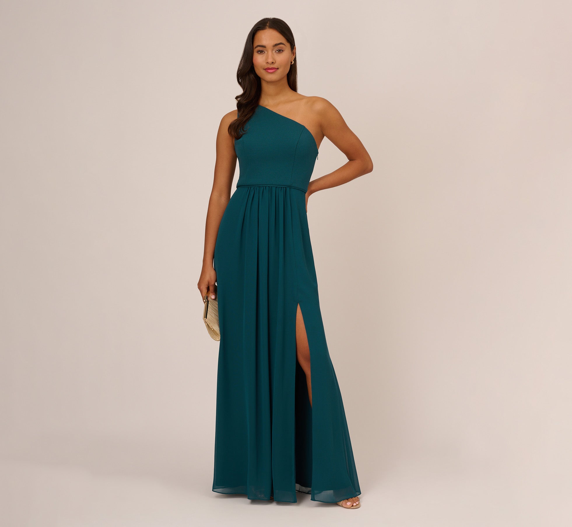 One Shoulder Chiffon Long Gown In Hunter Adrianna Papell