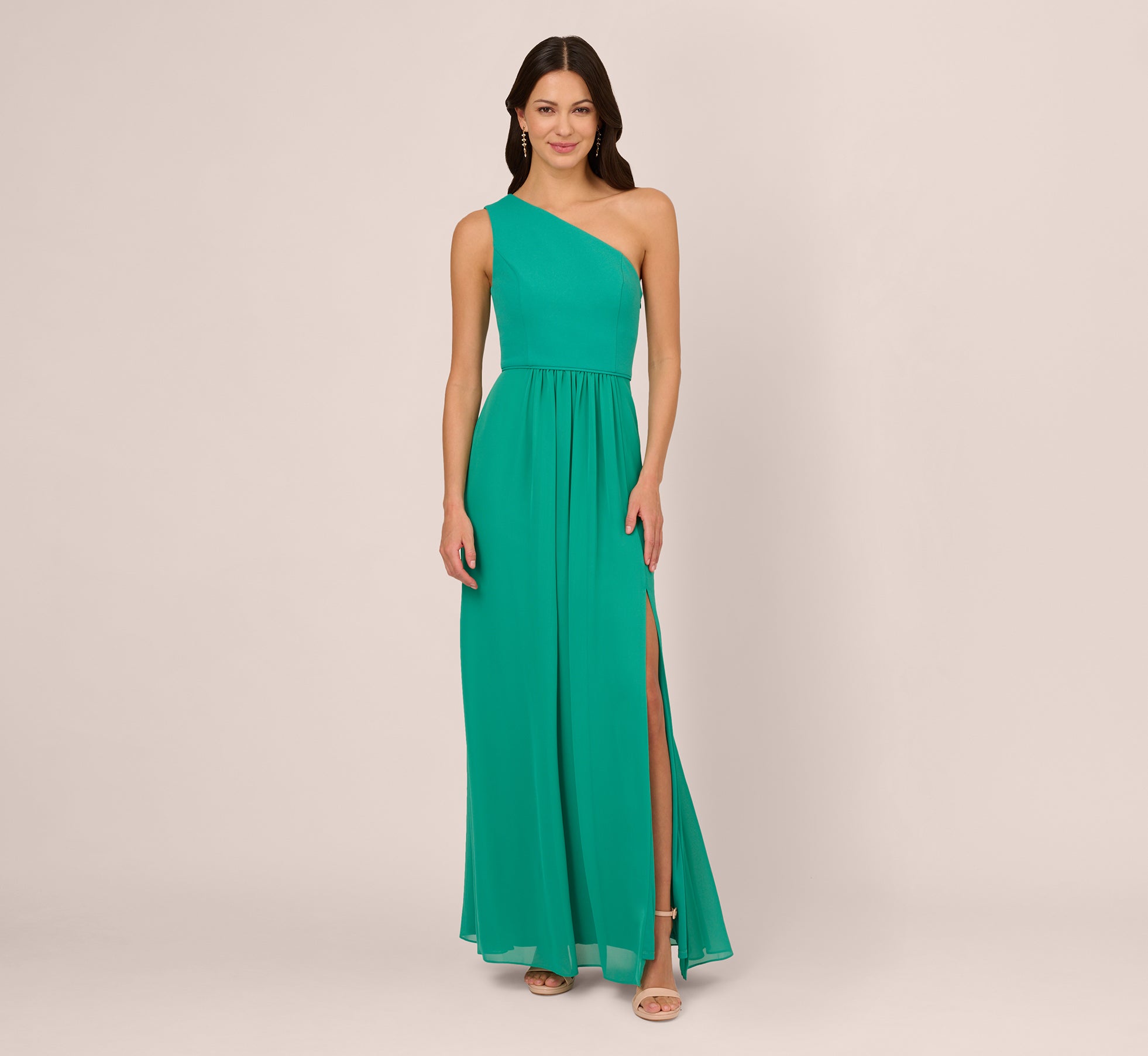 One Shoulder Chiffon Long Gown In Botanic Green Adrianna Papell