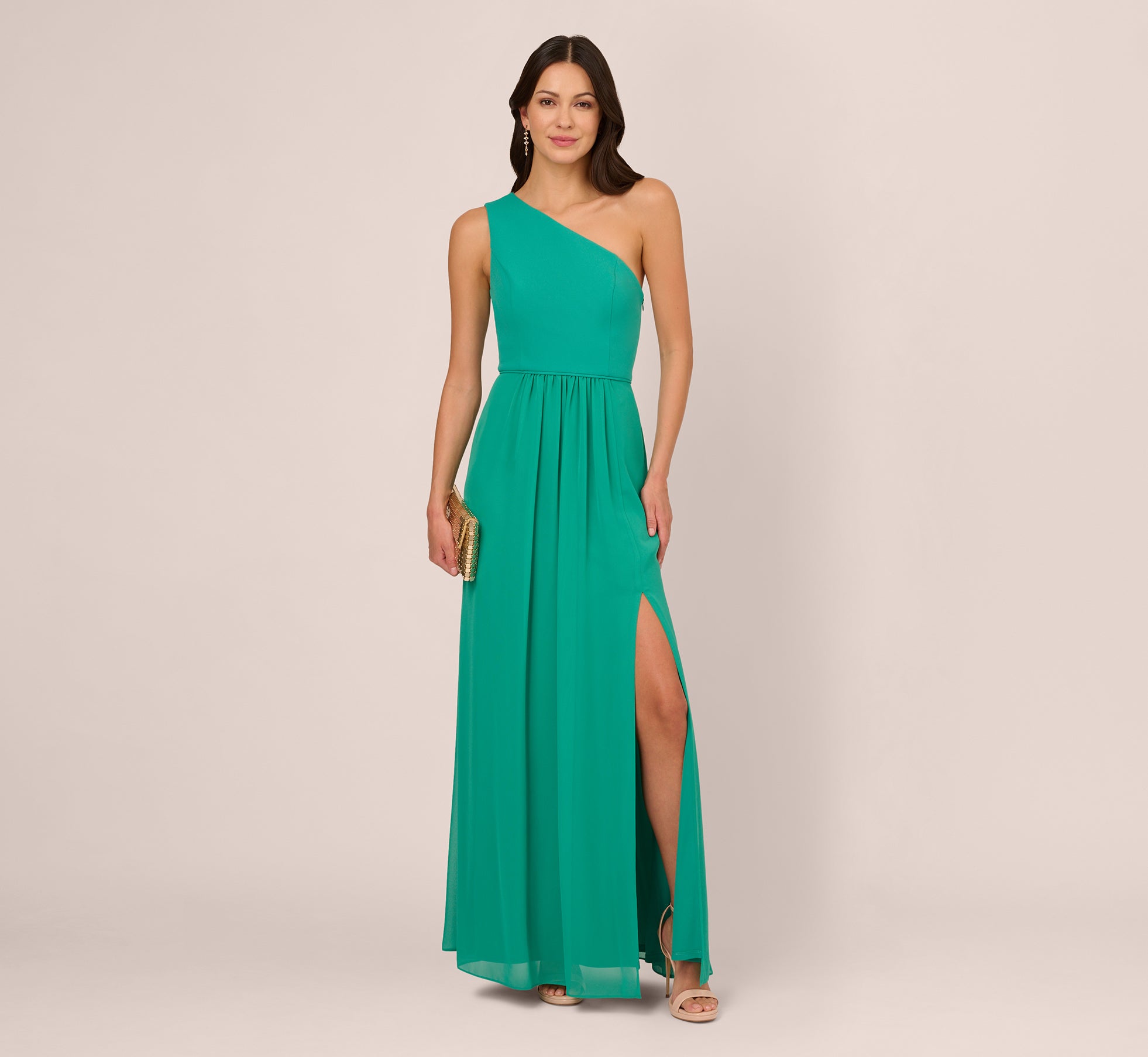 One-Shoulder Chiffon Long Gown In Botanic Green | Adrianna Papell
