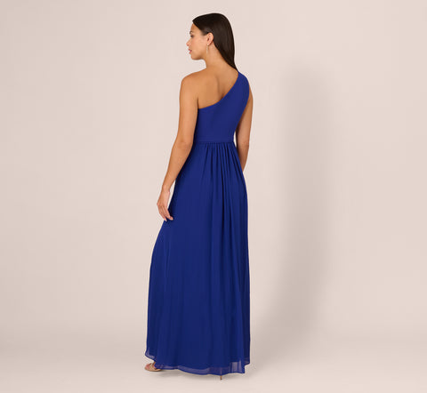 One-Shoulder Chiffon Long Gown In Royal Sapphire