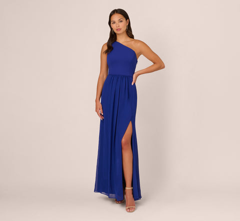 One-Shoulder Chiffon Long Gown In Royal Sapphire