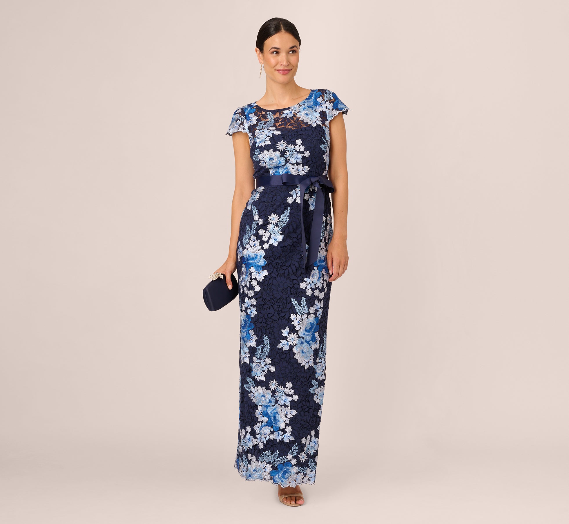 Floral Embroidered Lace Gown In Navy Multi | Adrianna Papell