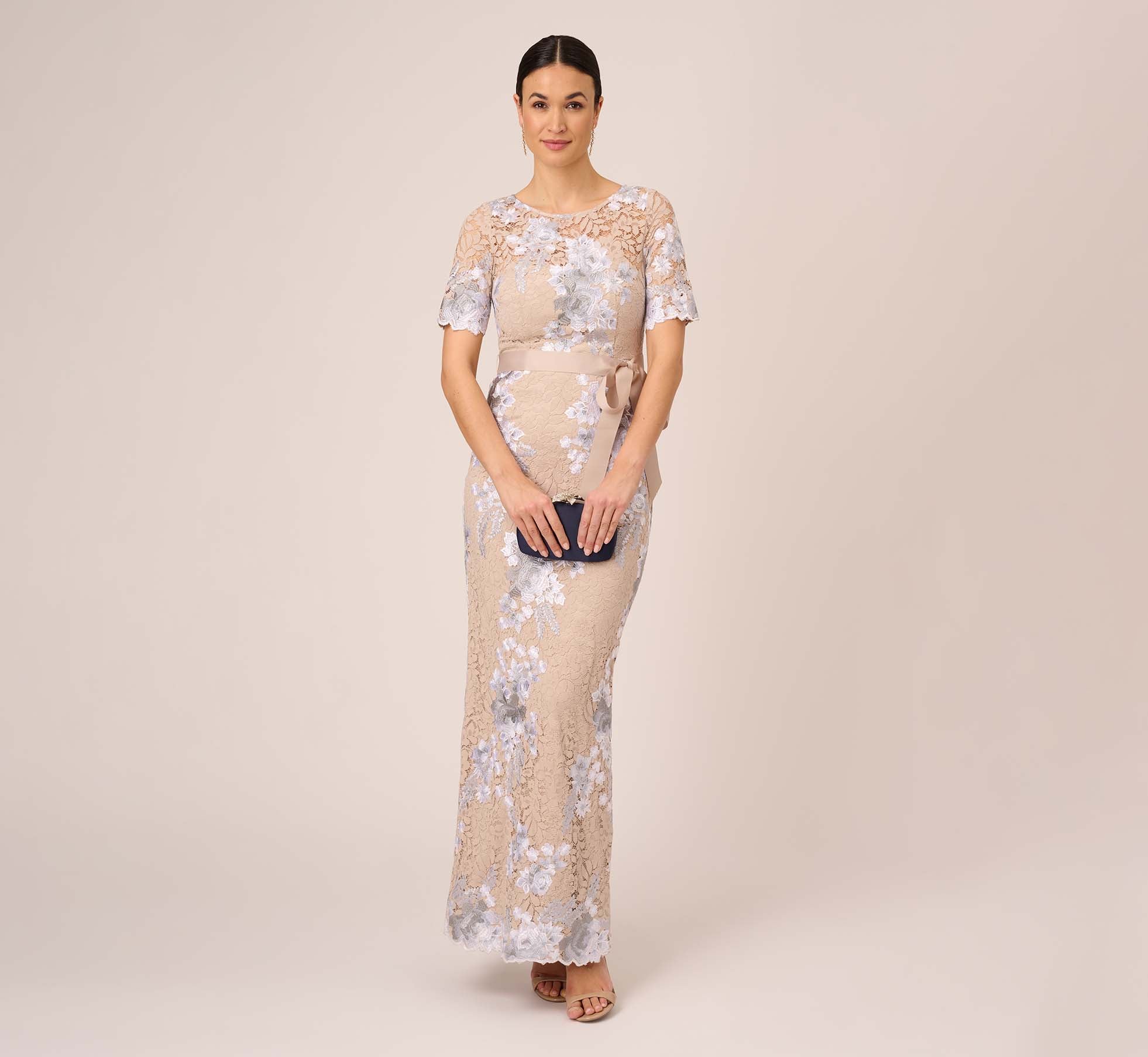 Floral Embroidered Gown In Biscotti Multi | Adrianna Papell