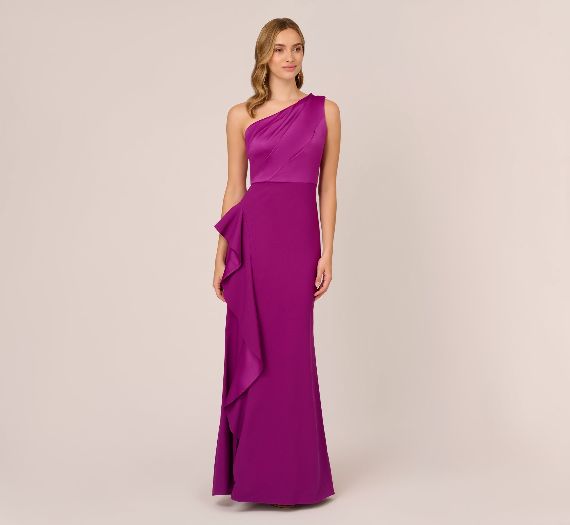 One Shoulder Long Satin Crepe Mermaid Gown In Wild Orchid