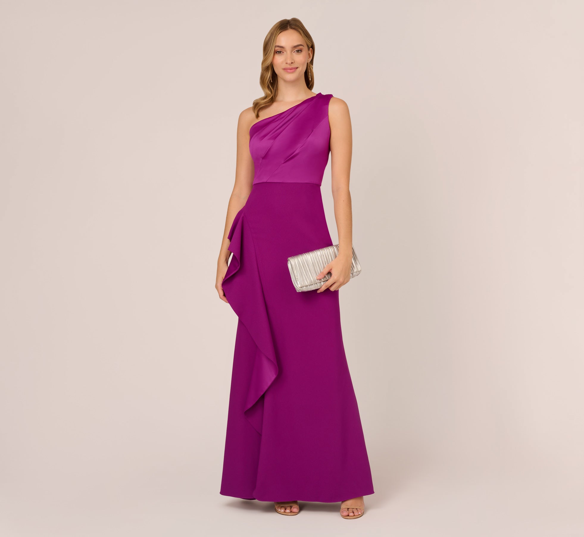 One Shoulder Long Satin Crepe Mermaid Gown In Wild Orchid