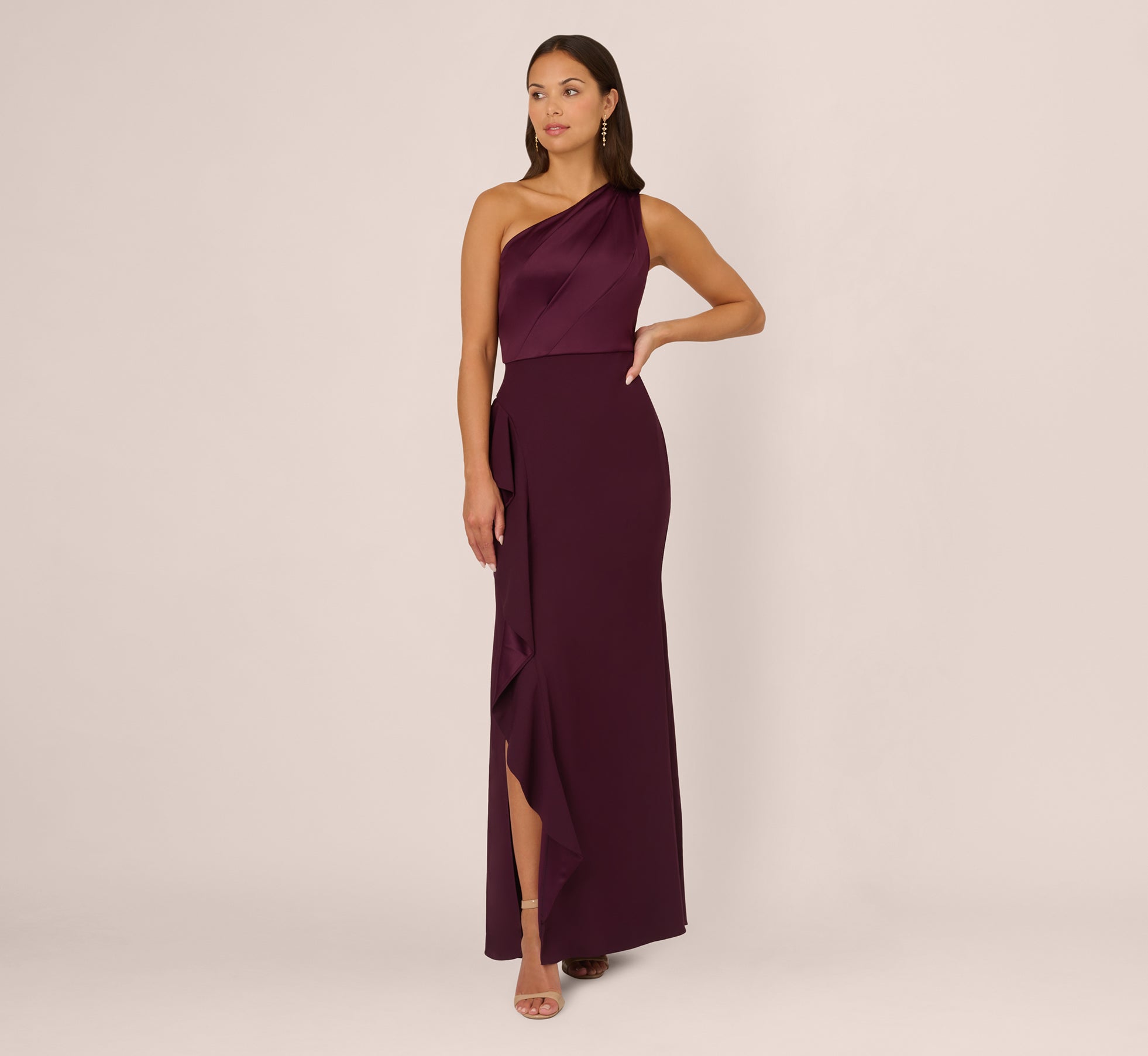 One-Shoulder Long Satin Crepe Mermaid Gown In Bordeaux Glow 1