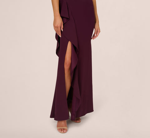 One-Shoulder Long Satin Crepe Mermaid Gown In Bordeaux Glow