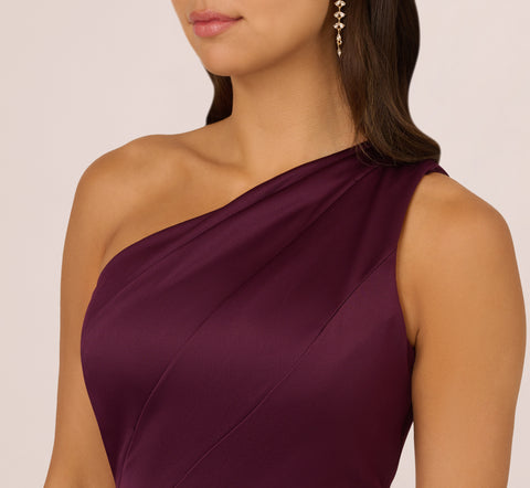 One-Shoulder Long Satin Crepe Mermaid Gown In Bordeaux Glow