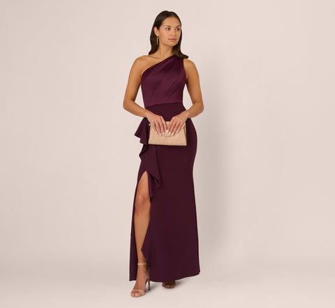 One-Shoulder Long Satin Crepe Mermaid Gown In Bordeaux Glow