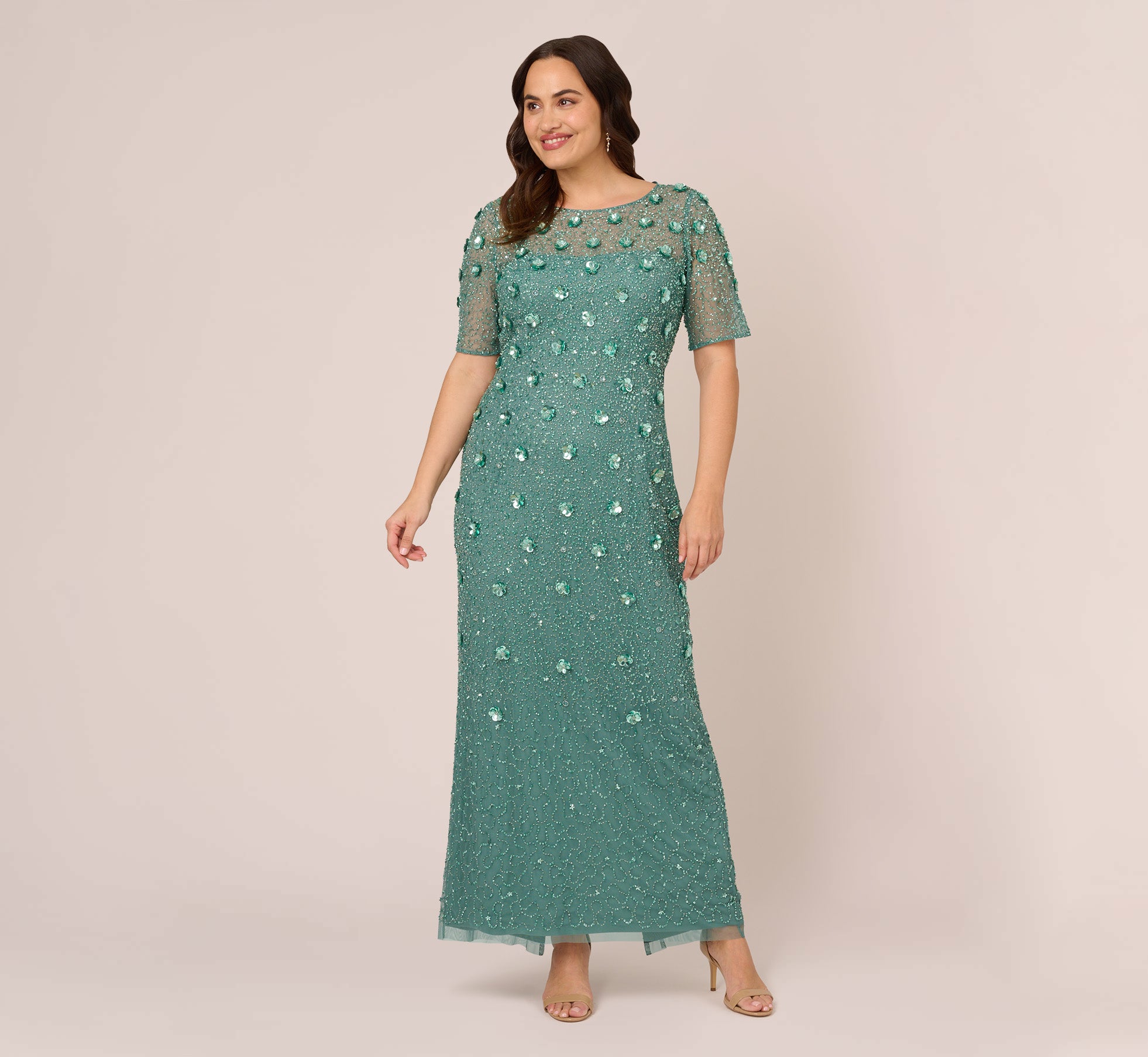 Plus Size Long Hand Beaded 3D Floral Dress With Elbow Sleeves In