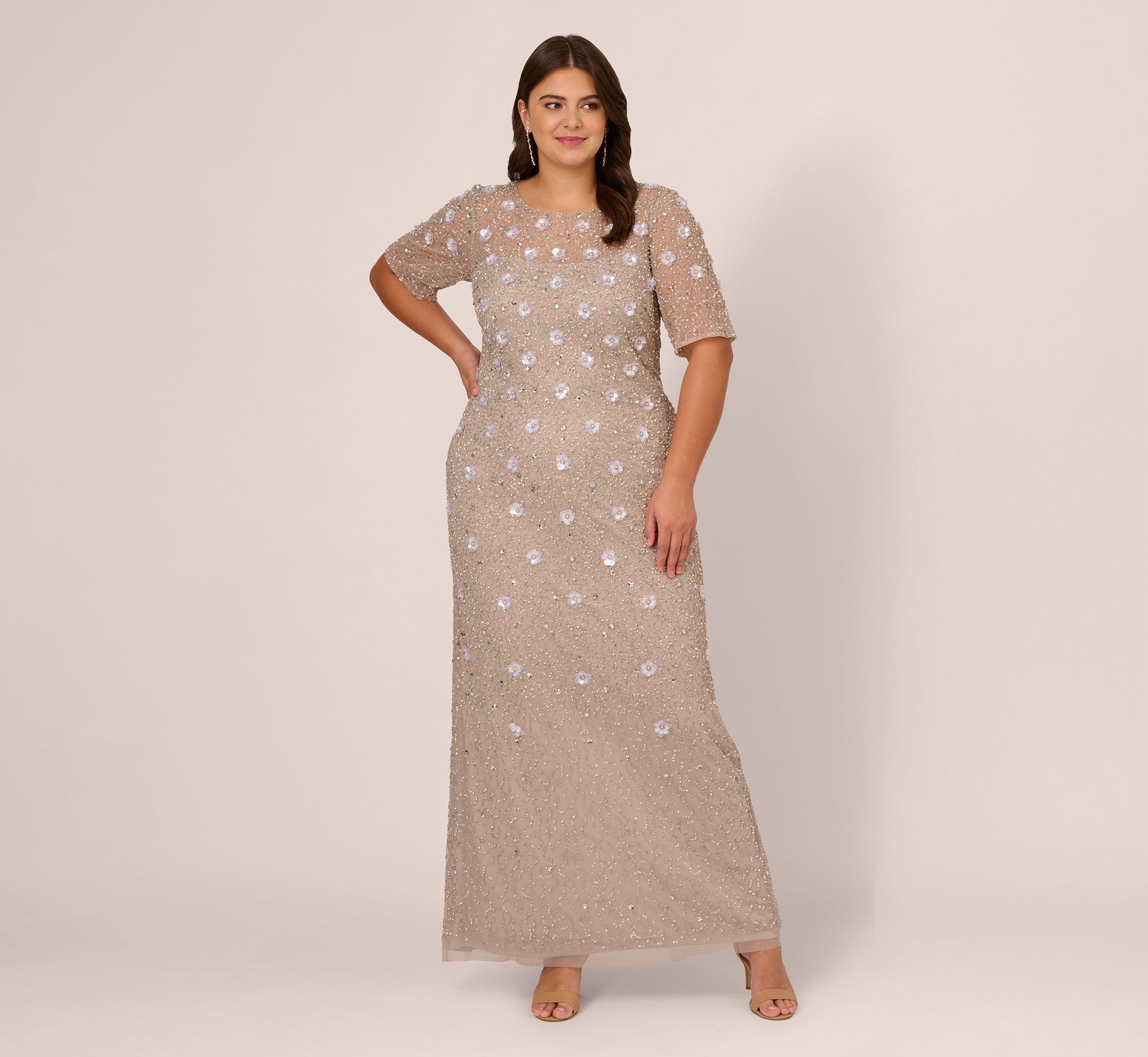 Plus Size Long Hand Beaded 3D Floral Dress With Elbow Sleeves In