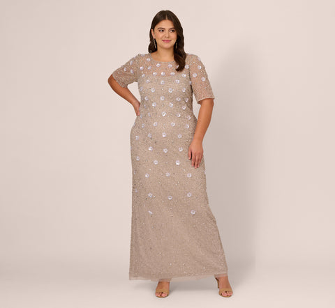 Plus Size Long Hand Beaded 3D Floral Dress With Elbow Sleeves In Marble