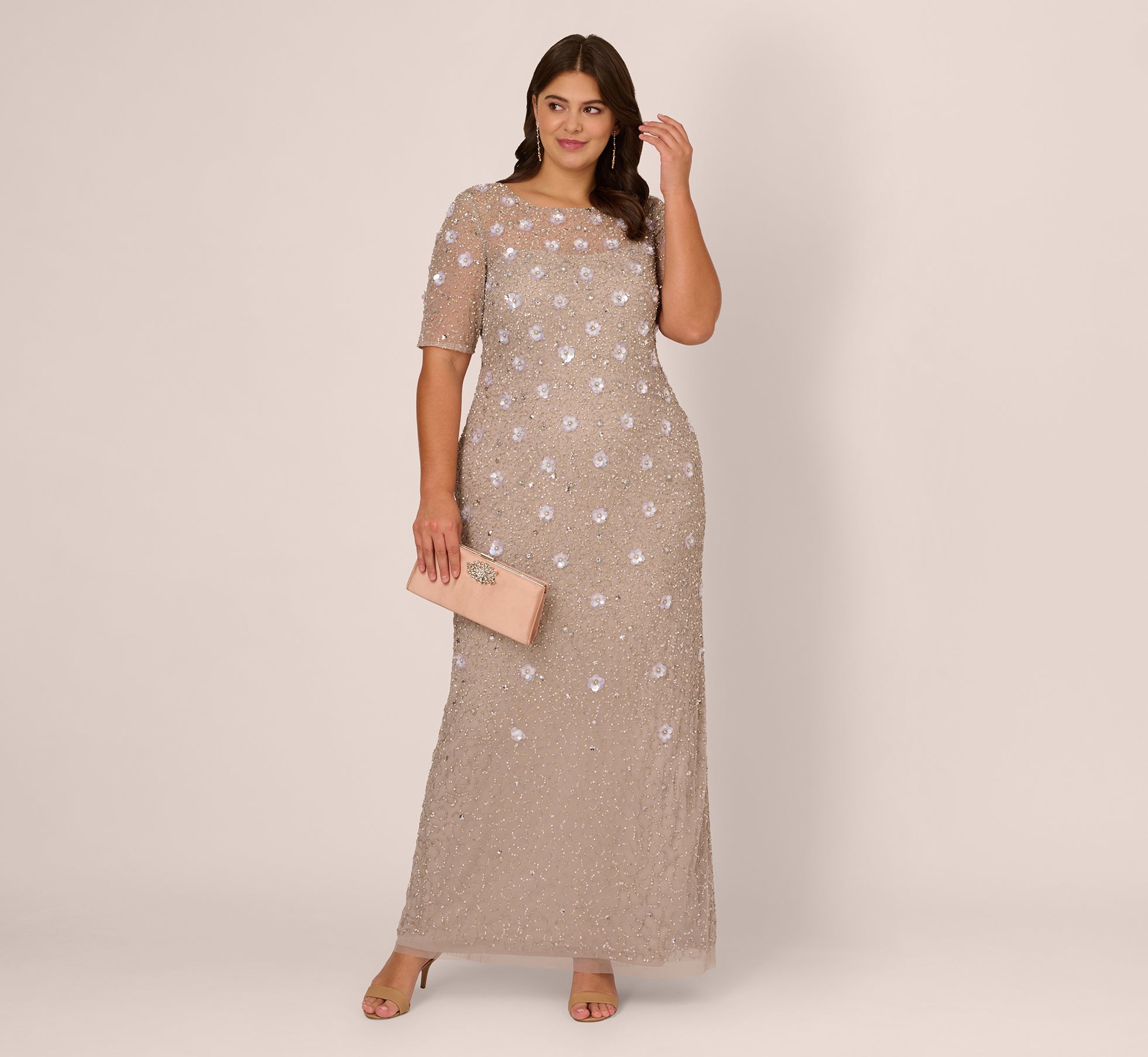 Plus Size Long Hand Beaded 3D Floral Dress With Elbow Sleeves