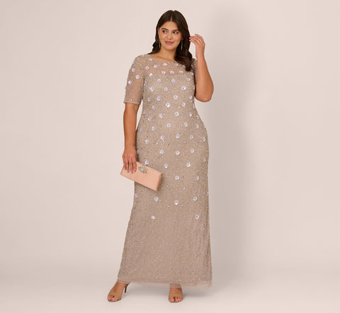 Plus Size Long Hand Beaded 3D Floral Dress With Elbow Sleeves In Marble