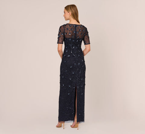 Long Hand Beaded 3D Floral Dress With Elbow Sleeves In Dusty Navy
