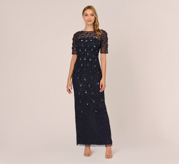 Long Hand Beaded 3D Floral Dress With Elbow Sleeves In Dusty Navy