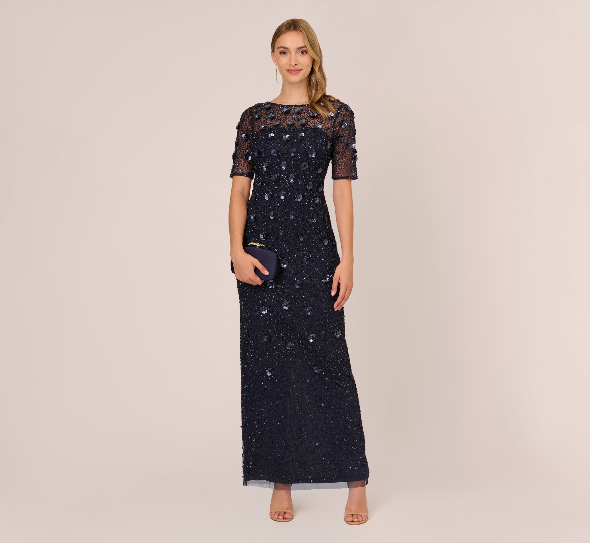 Long Hand Beaded 3D Floral Dress With Elbow Sleeves In Dusty