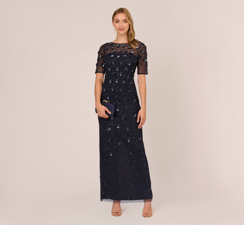 Long Hand Beaded 3D Floral Dress With Elbow Sleeves In Dusty Navy