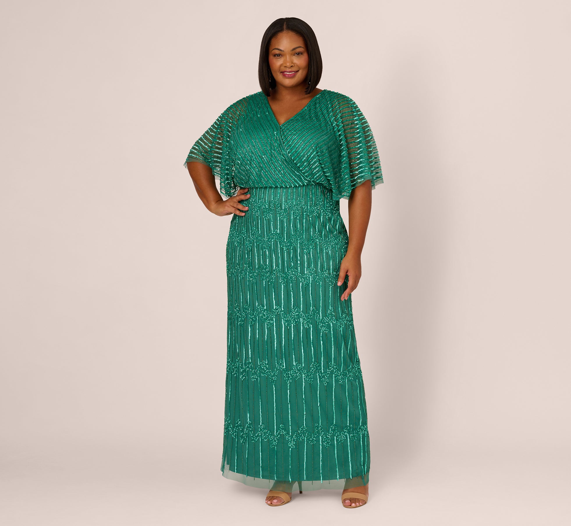 Plus Size Hand Beaded Illusion Long Column Blouson Gown In Jungle