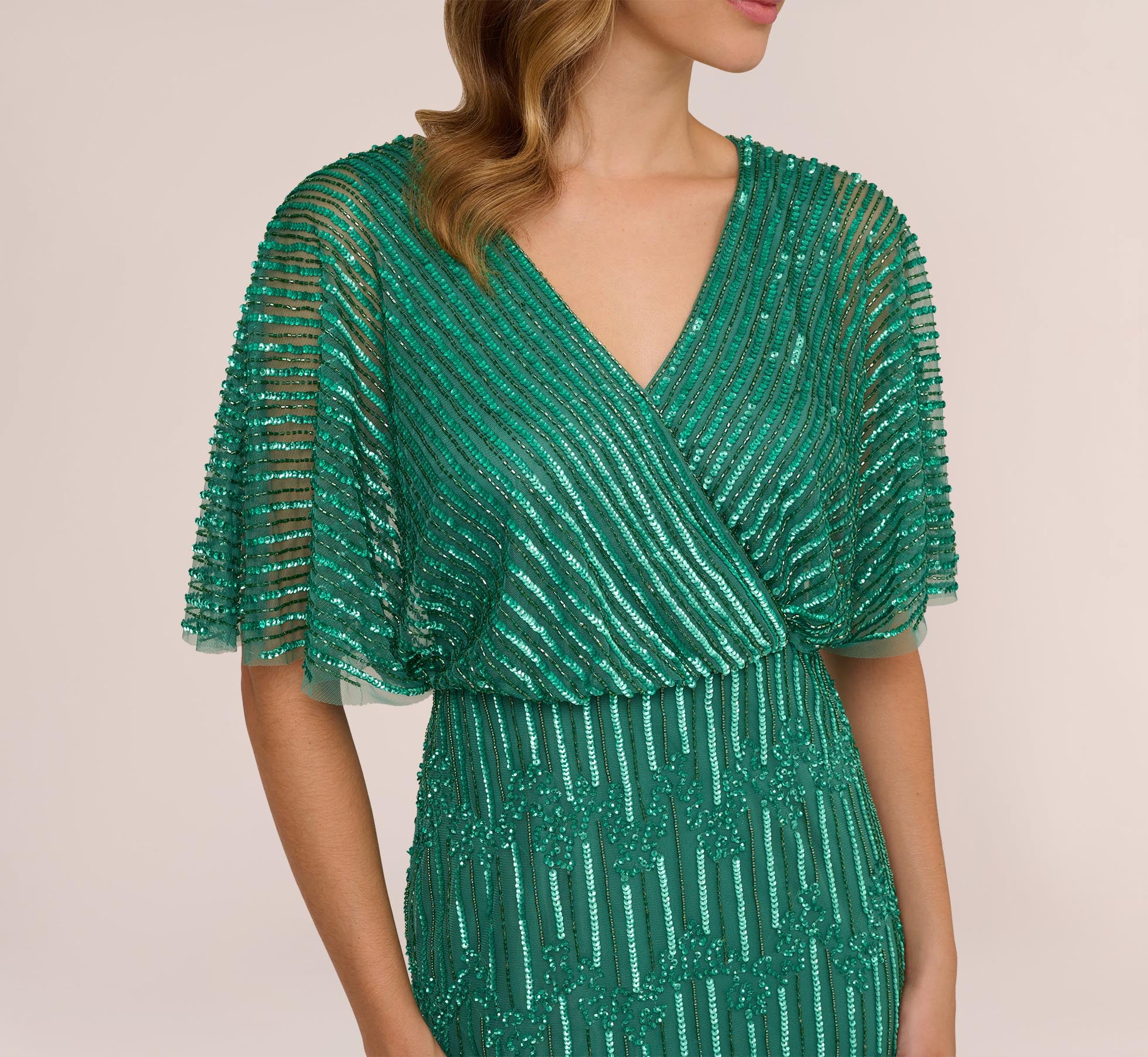 Hand-Beaded Illusion Long Column Blouson Gown In Jungle Green