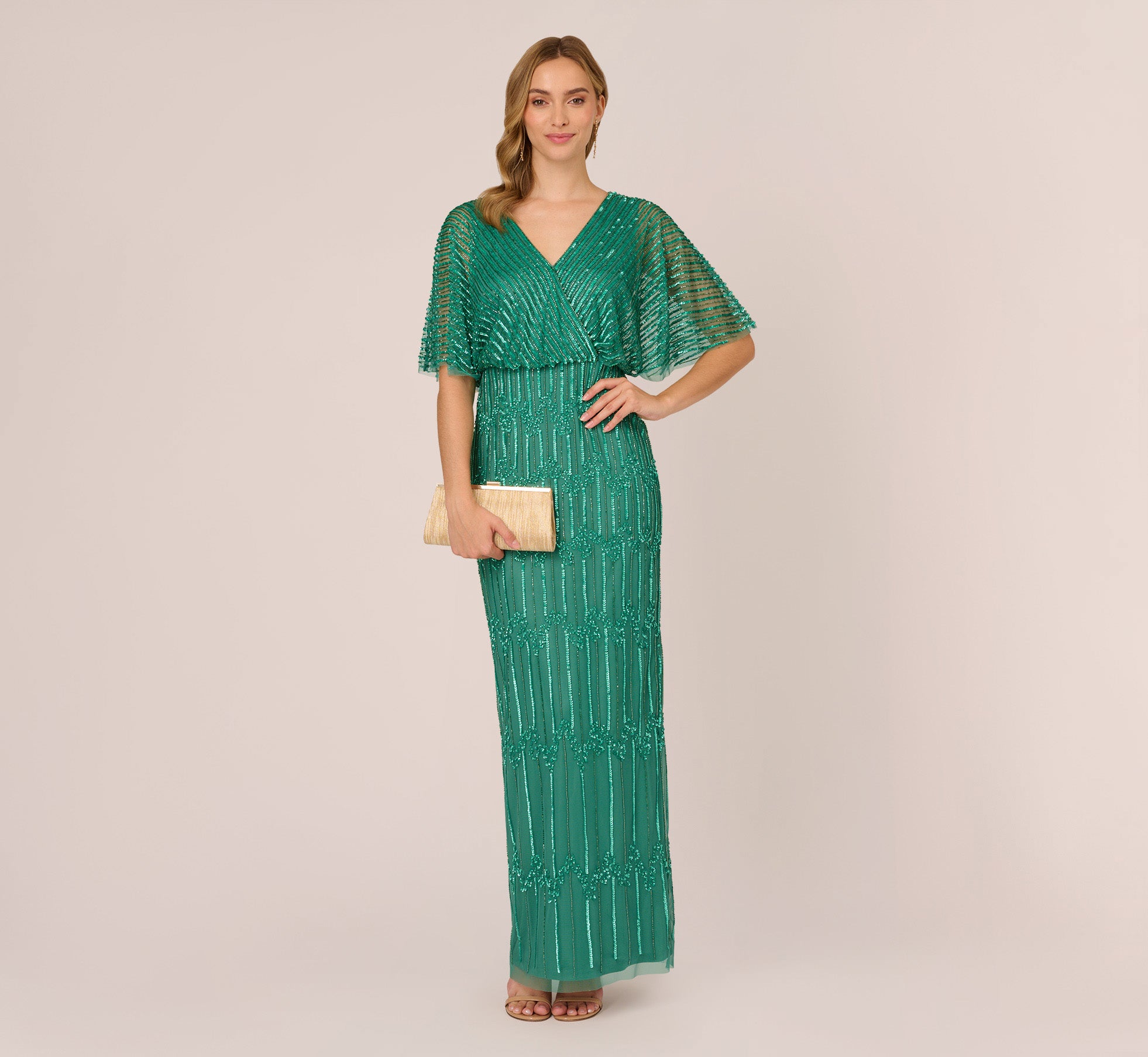 Hand Beaded Illusion Long Column Blouson Gown In Jungle Green