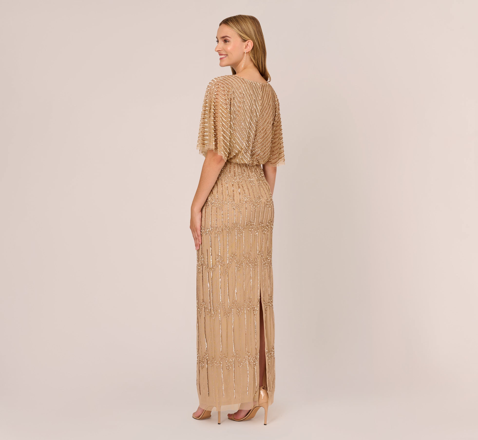 Hand Beaded Illusion Long Column Blouson Gown In Champagne Gold