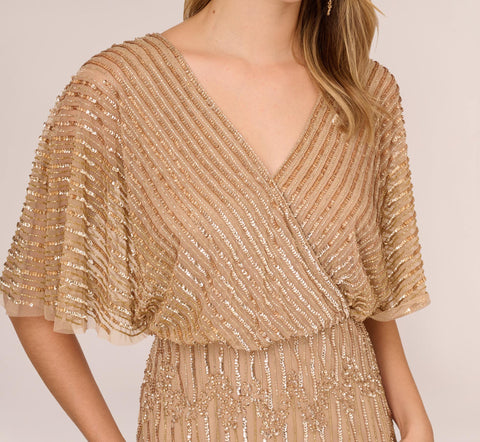 Hand-Beaded Illusion Long Column Blouson Gown In Champagne Gold