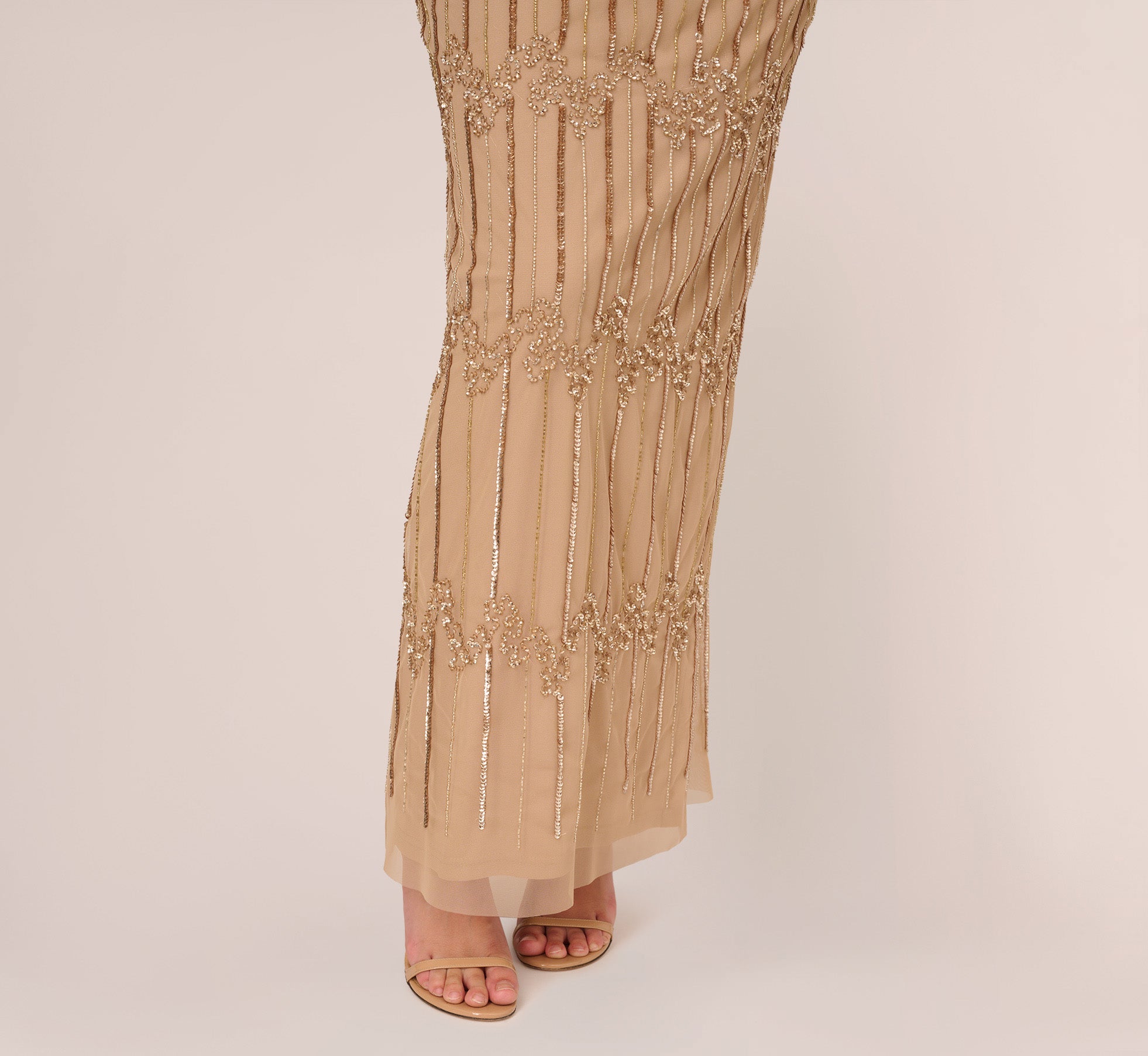 Hand Beaded Illusion Long Column Blouson Gown In Champagne Gold