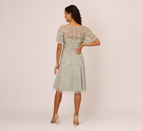 Beaded Midi Dress With Sheer Ruffled Sleeves In Frosted Sage