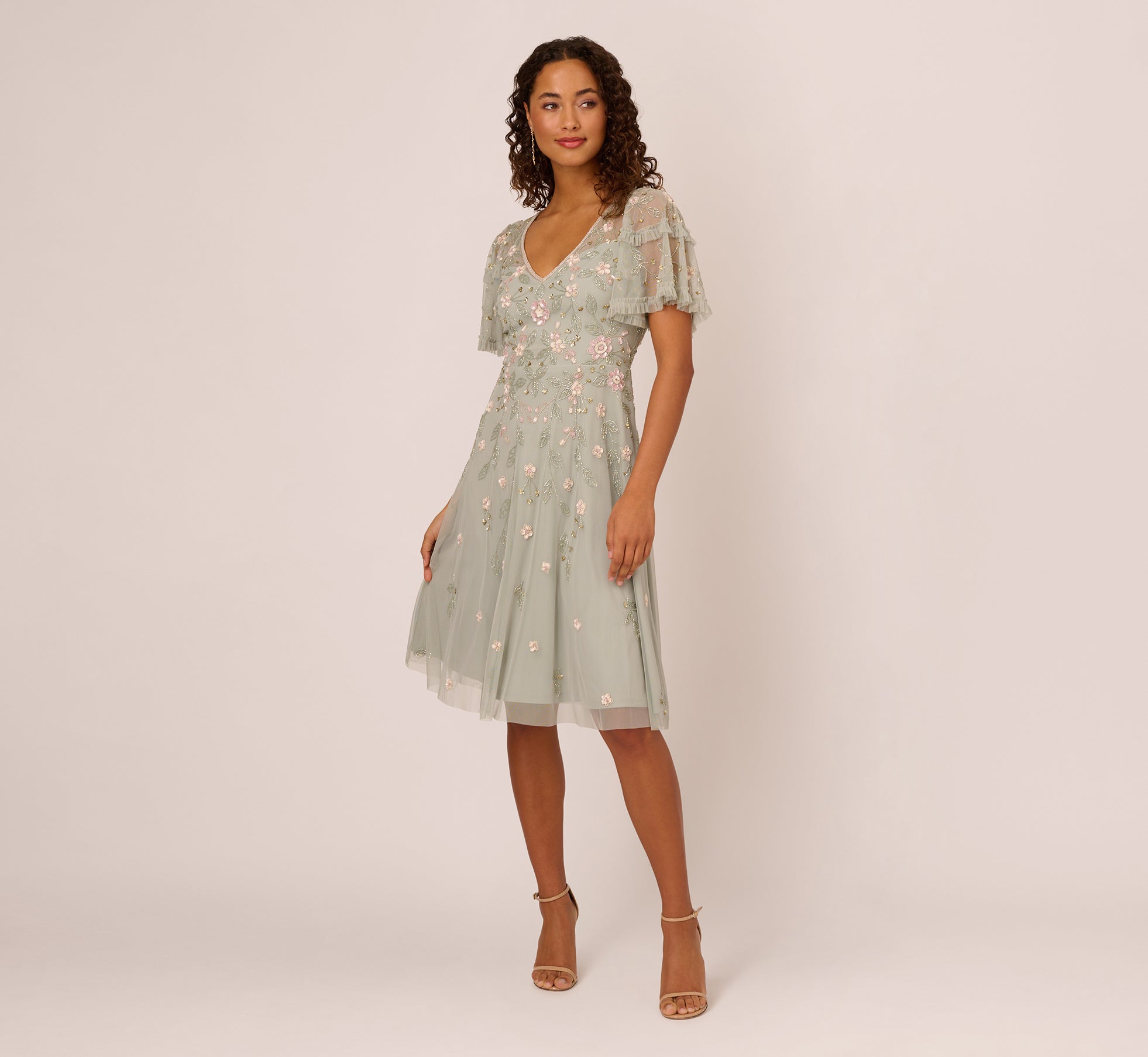 Beaded Midi Dress With Sheer Ruffled Sleeves In Frosted Sage – Adrianna ...