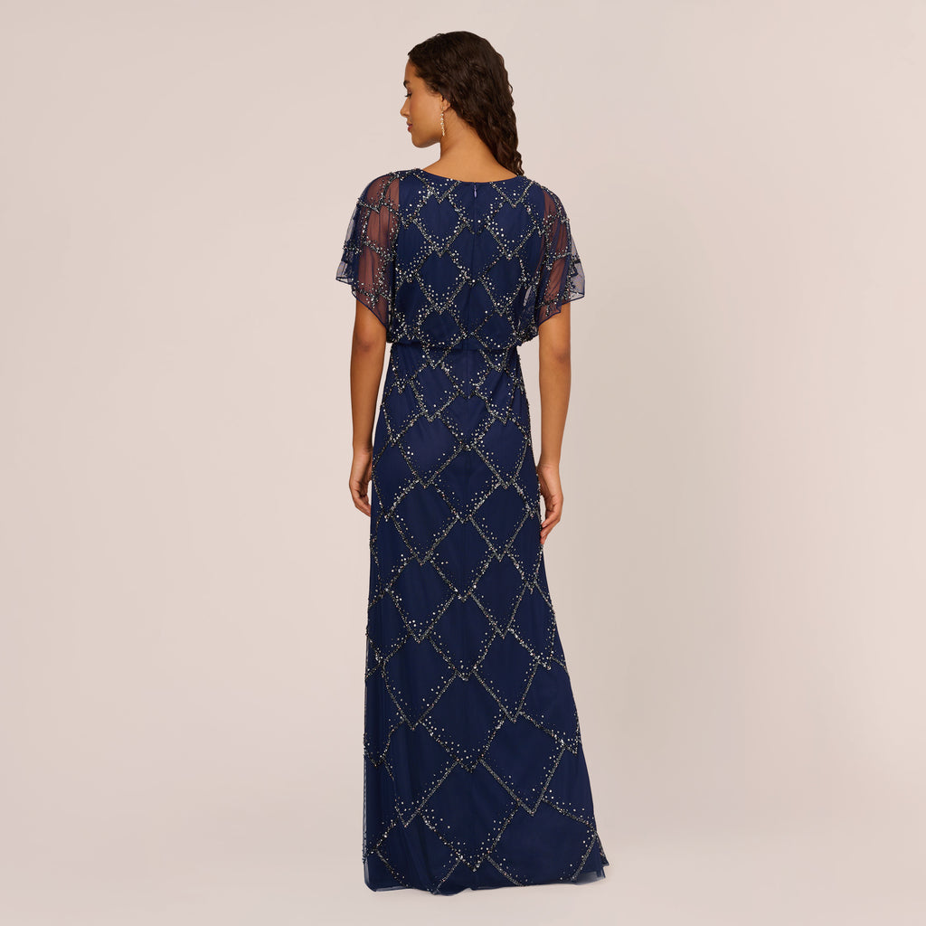 Hand-Beaded Blouson Long Gown With Flutter Sleeves In Light Navy ...