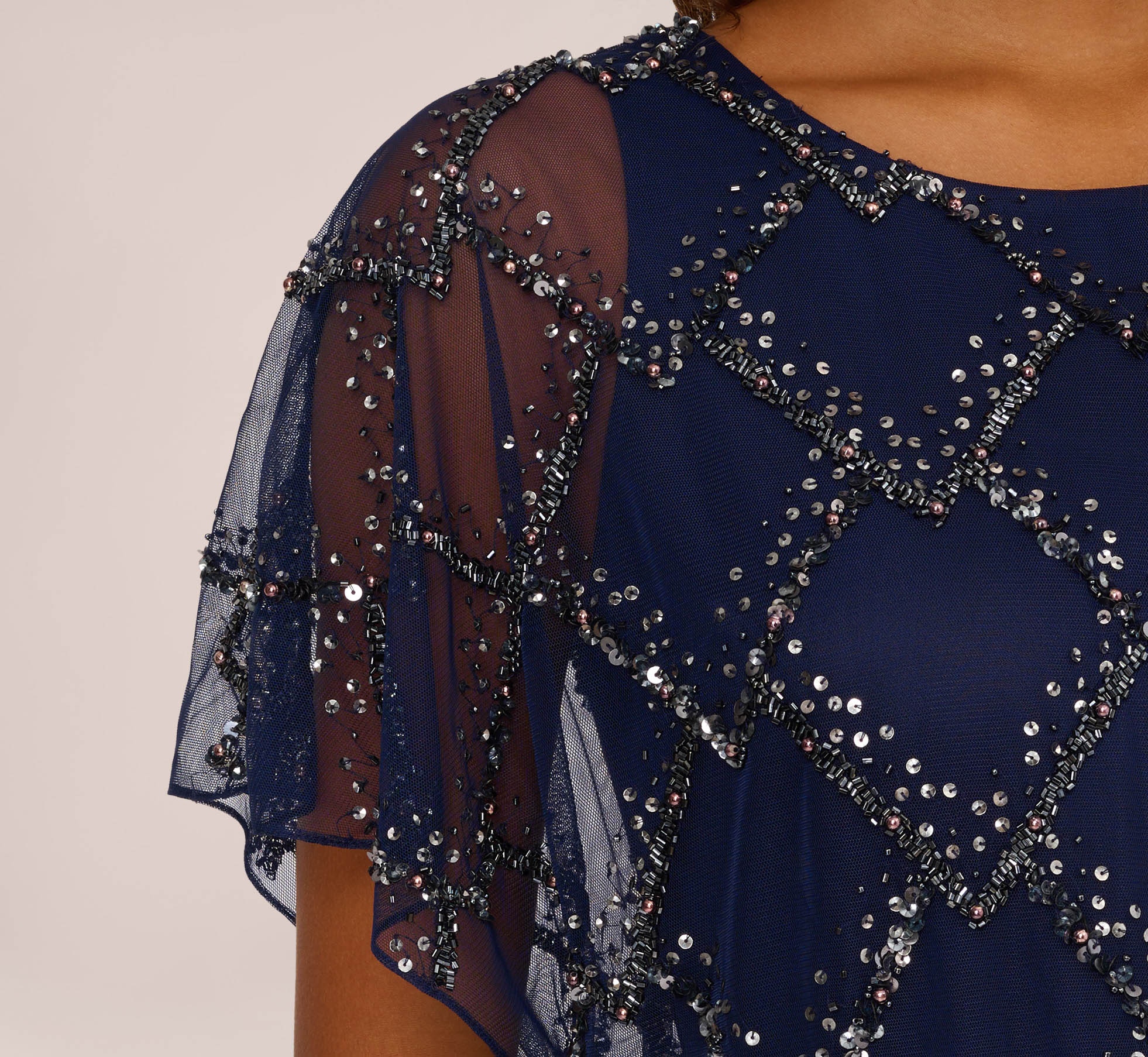 Hand Beaded Blouson Long Gown With Flutter Sleeves In Light Navy