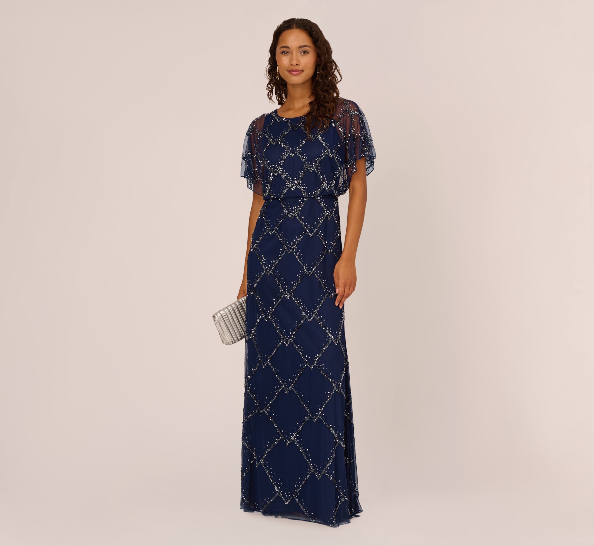 Hand Beaded Blouson Long Gown With Flutter Sleeves In Light Navy