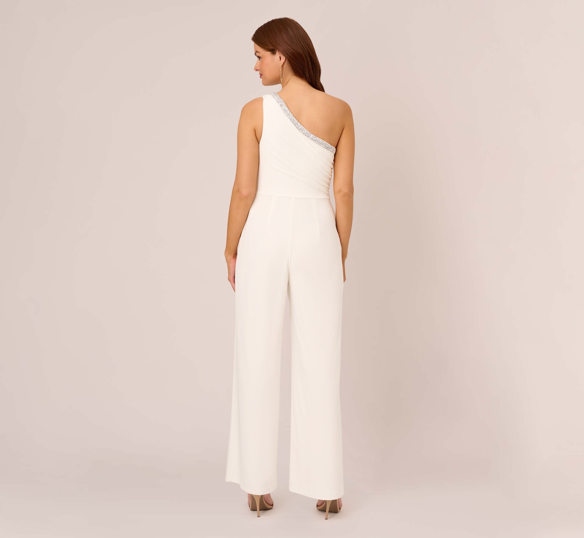 Beaded One Shoulder Matte Jersey Jumpsuit In Ivory Adrianna Papell