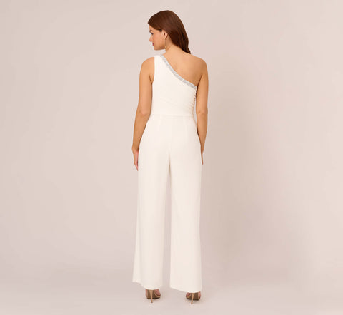 Beaded One-Shoulder Matte Jersey Jumpsuit In Ivory