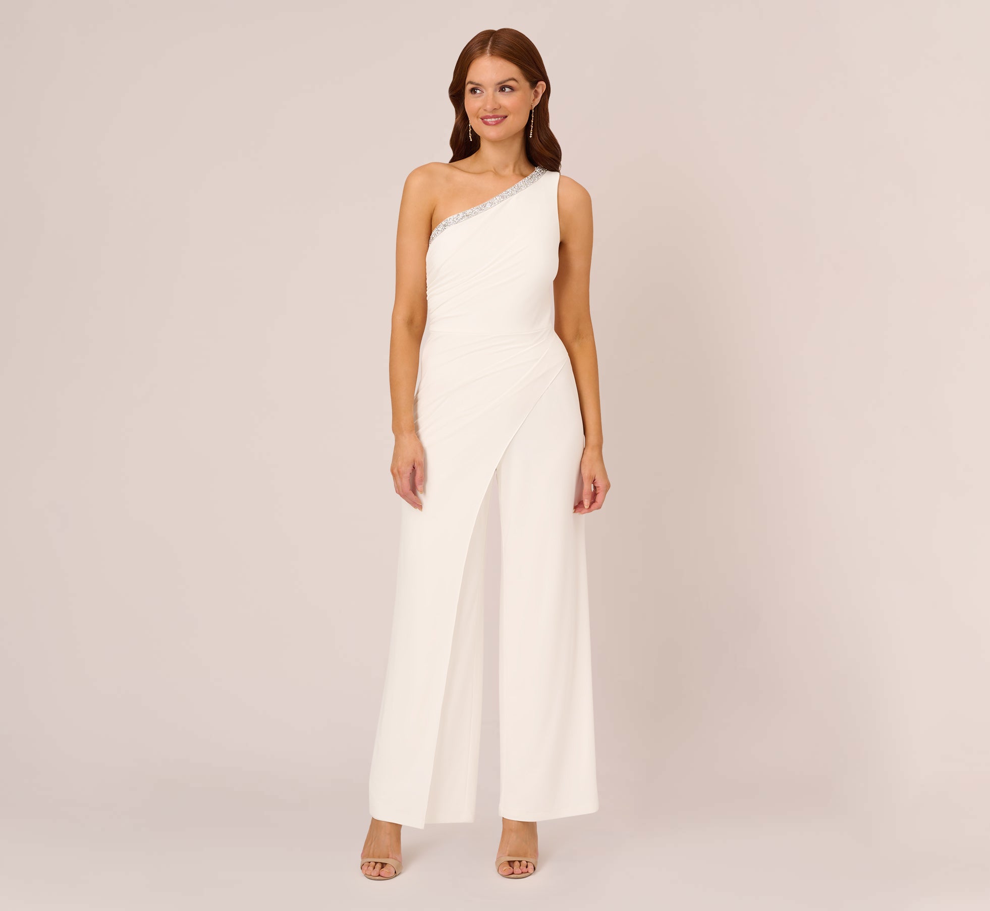 Beaded One-Shoulder Matte Jersey Jumpsuit In Ivory | Adrianna